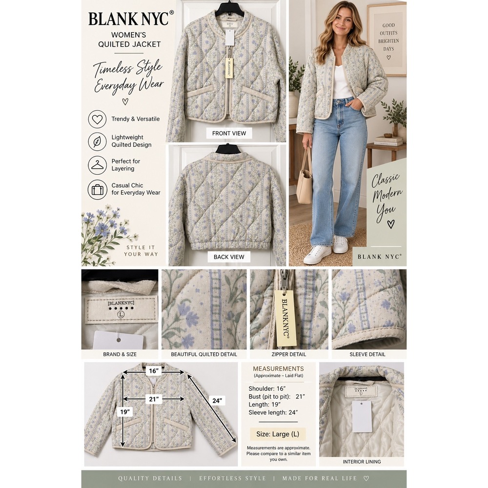 BLANKNYC Quilted Jacket Women Large Cream Blue NWT Floral Zip Up Lightweight